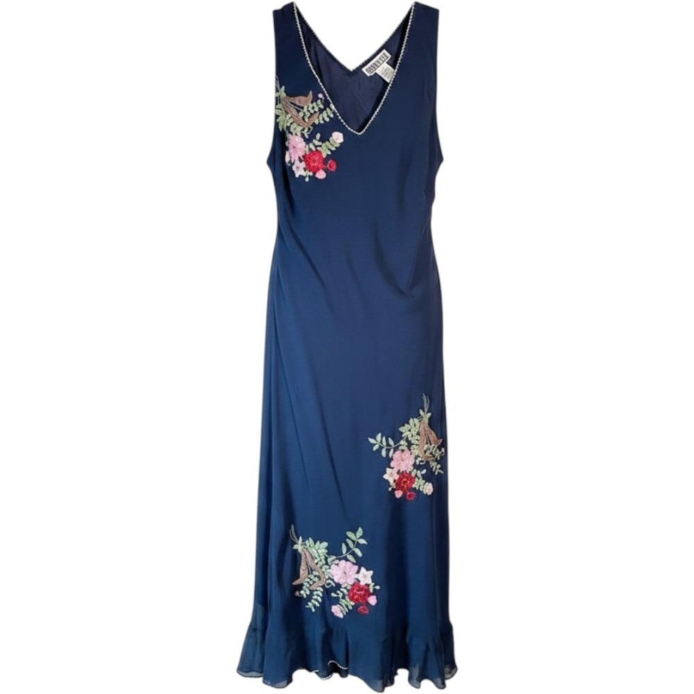 VTG 90s Robbie Bee 100% Silk Dress Womens 8 Navy Blue Floral Embroidered Slip